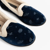 Jo & Joe ANNIE Womens Full Slippers Navy top view showing textile upper and warm lining detail.
