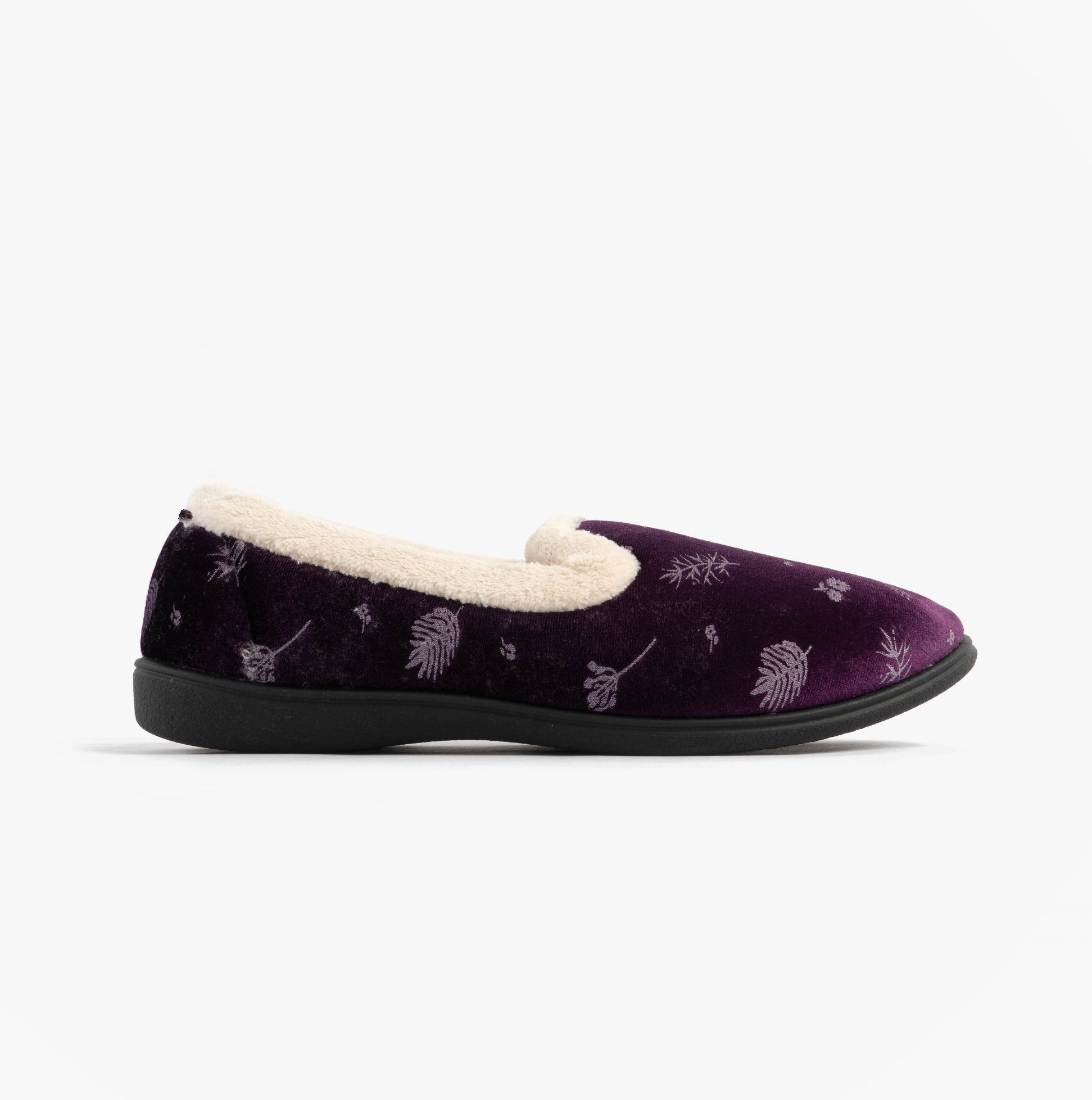 Jo & Joe ANNIE Womens Full Slippers Purple side view with soft lining and decorative pattern.