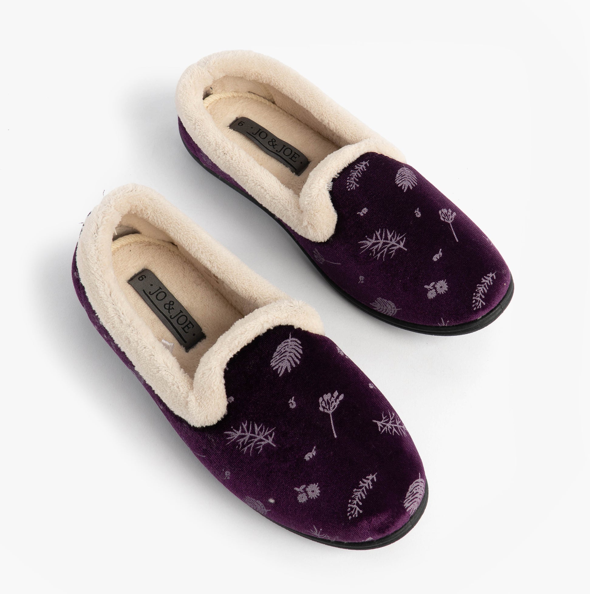 Jo & Joe ANNIE Womens Full Slippers Purple top view with floral pattern and soft lining