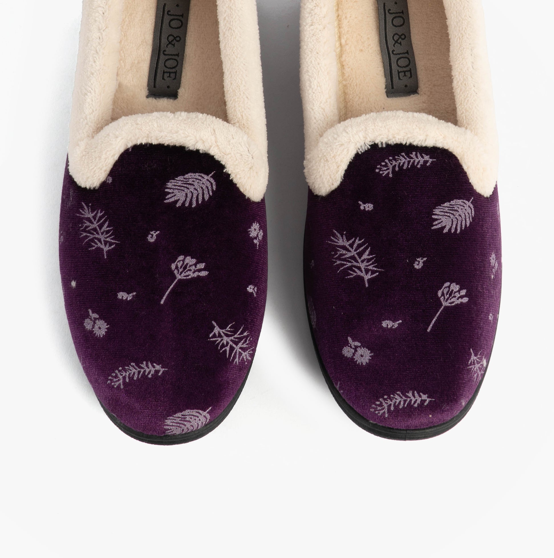 Jo & Joe ANNIE Womens Full Slippers Purple top view showcasing floral pattern and soft lining.