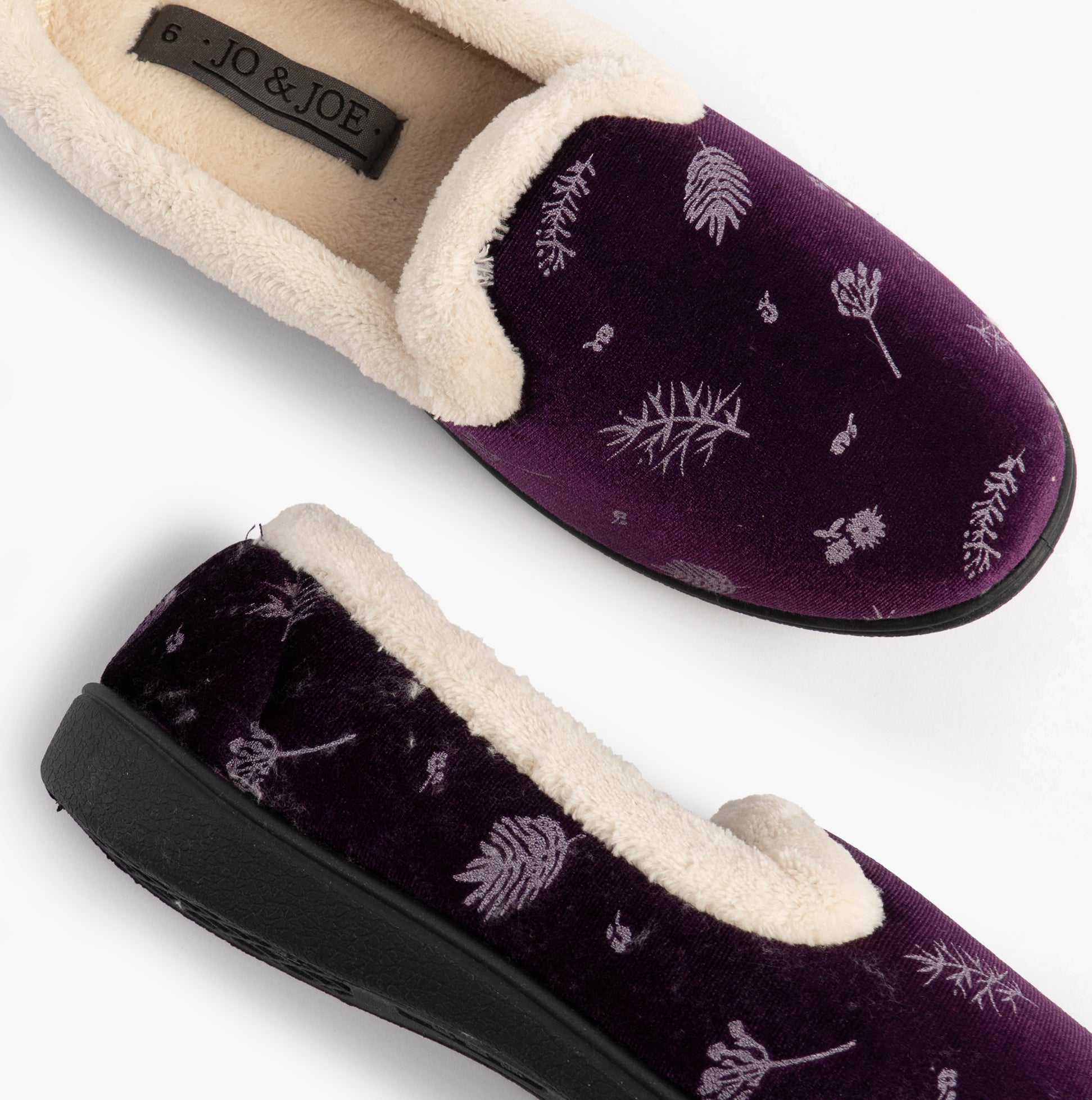 Jo & Joe ANNIE Womens Full Slippers Purple top view with floral design and plush lining