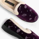Jo & Joe ANNIE Womens Full Slippers Purple top view with floral design and plush lining