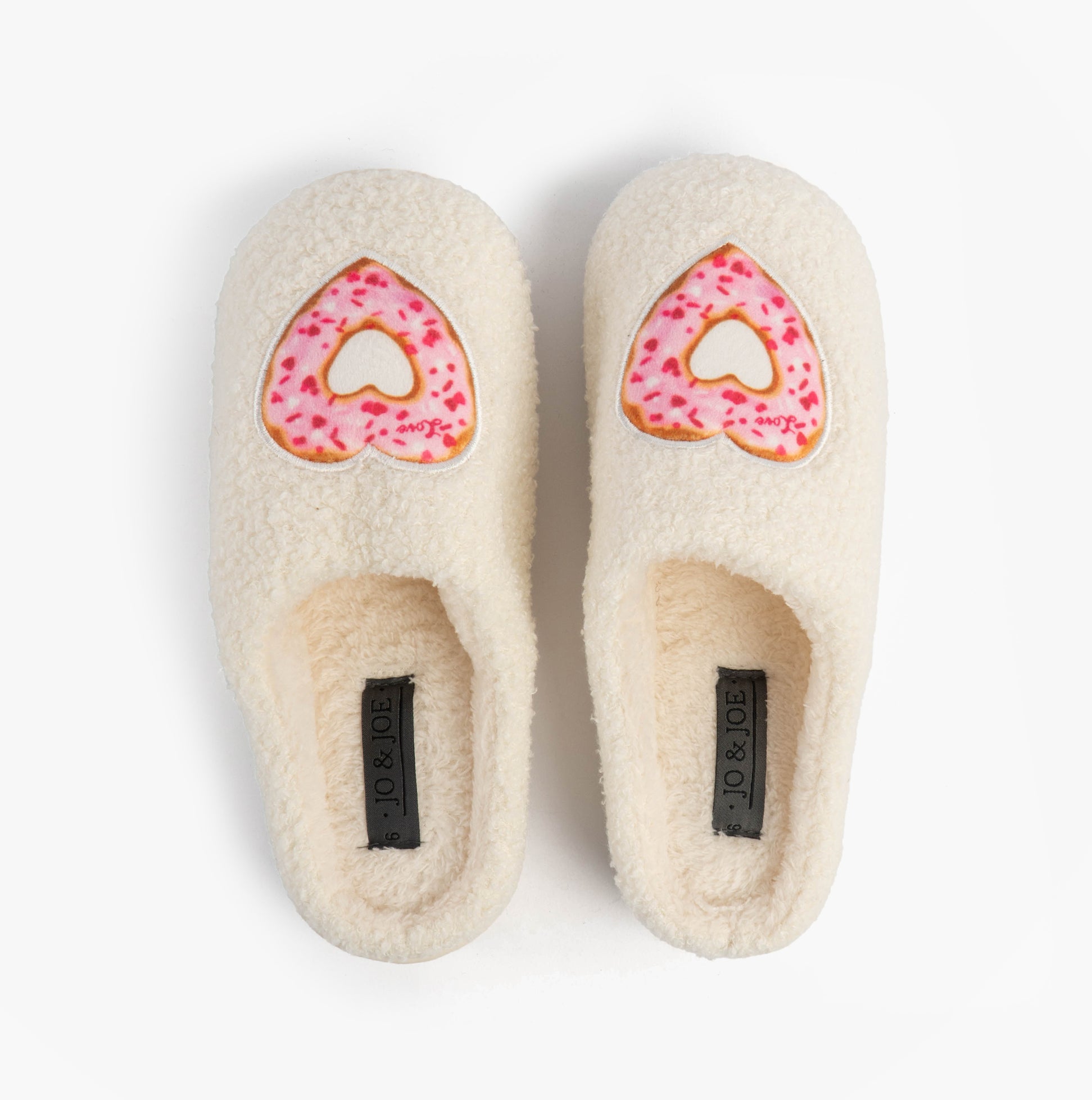 Jo & Joe DELIGHT Womens Mule Slippers Cream top view with heart-shaped donut design and soft textile upper.