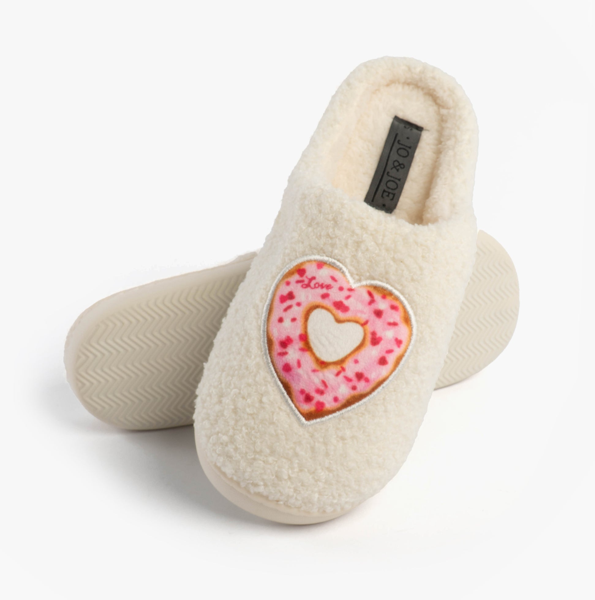 Jo & Joe DELIGHT Womens Mule Slippers Cream side view with heart-shaped donut design on upper