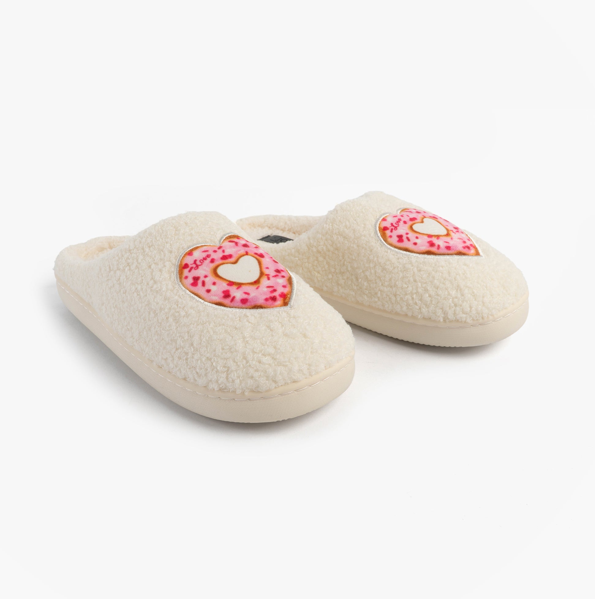 Jo & Joe DELIGHT Womens Mule Slippers Cream, front view showing soft textile upper with heart design.