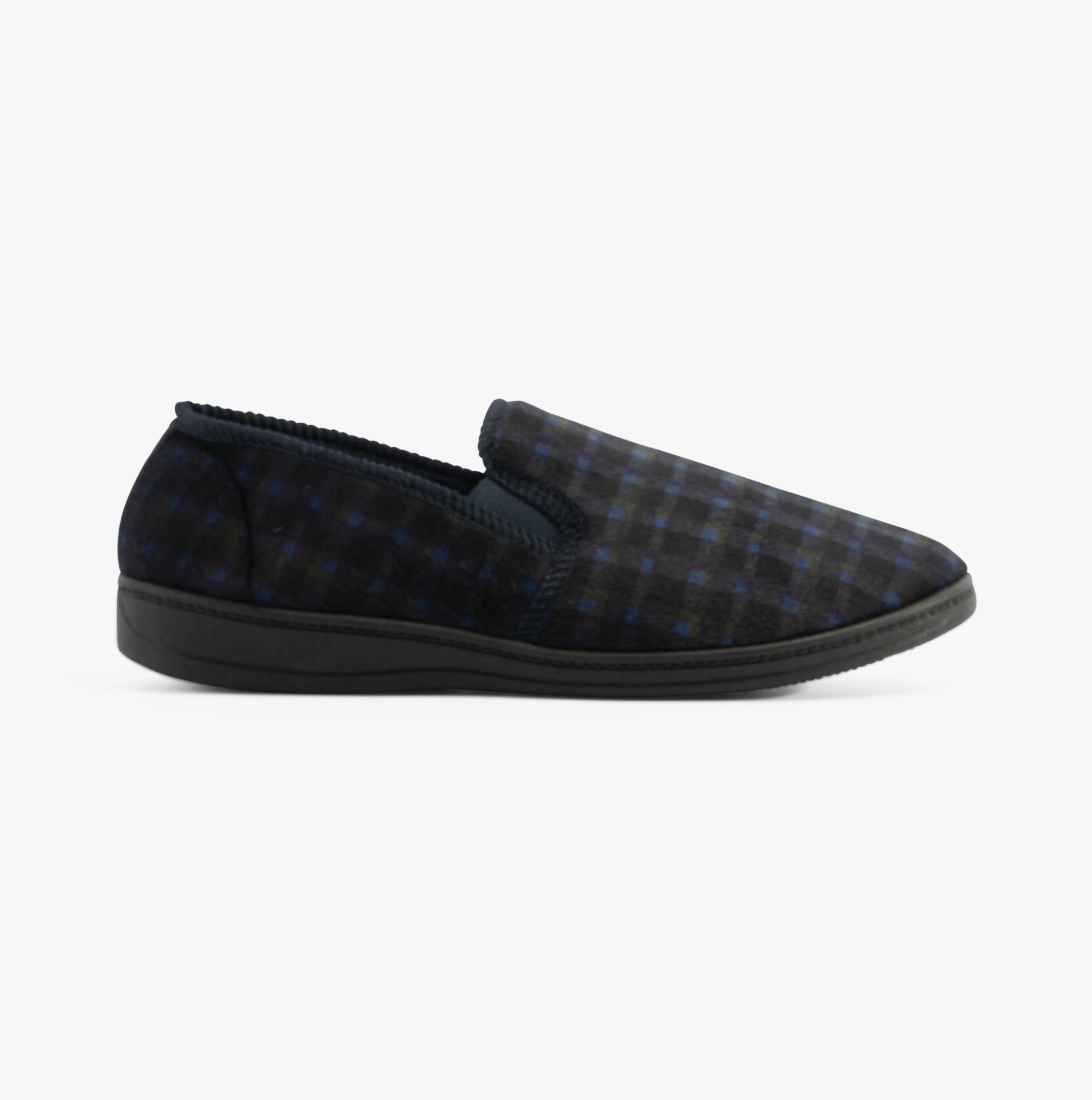 Jo & Joe EDWARD Mens Slippers Navy side view showing textile upper, slip-on design, and round toe shape.