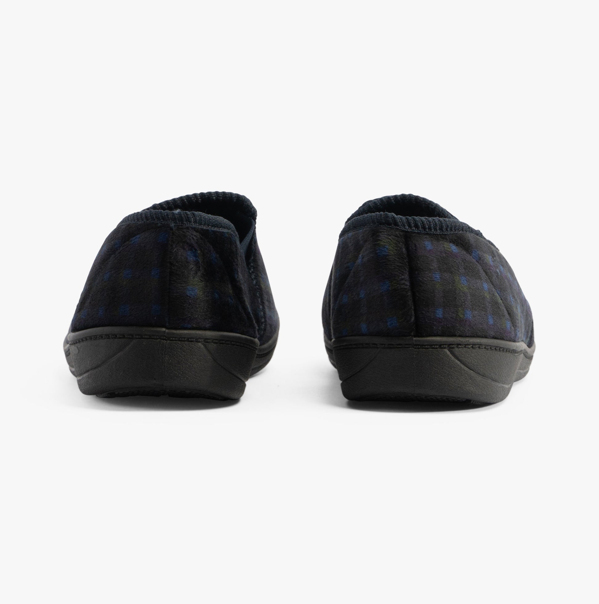 Jo & Joe EDWARD Mens Slippers Navy back view showing round toe and textile upper with rubber sole.