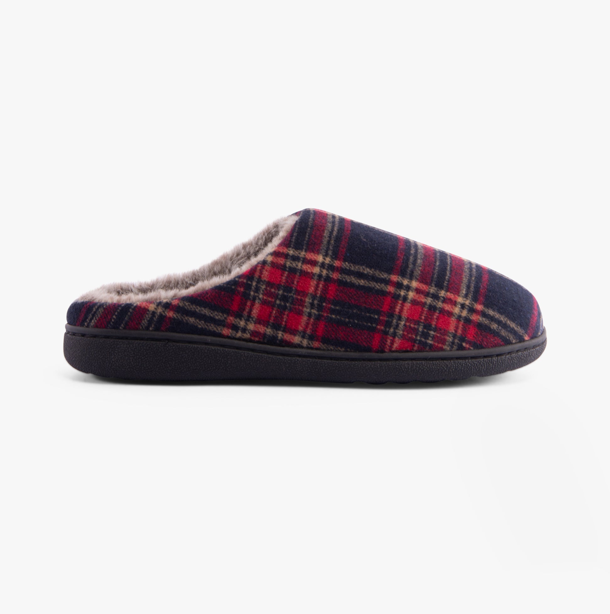 Jo & Joe FALKIRK Mens Slippers Red side view showing plaid design and warm lining.