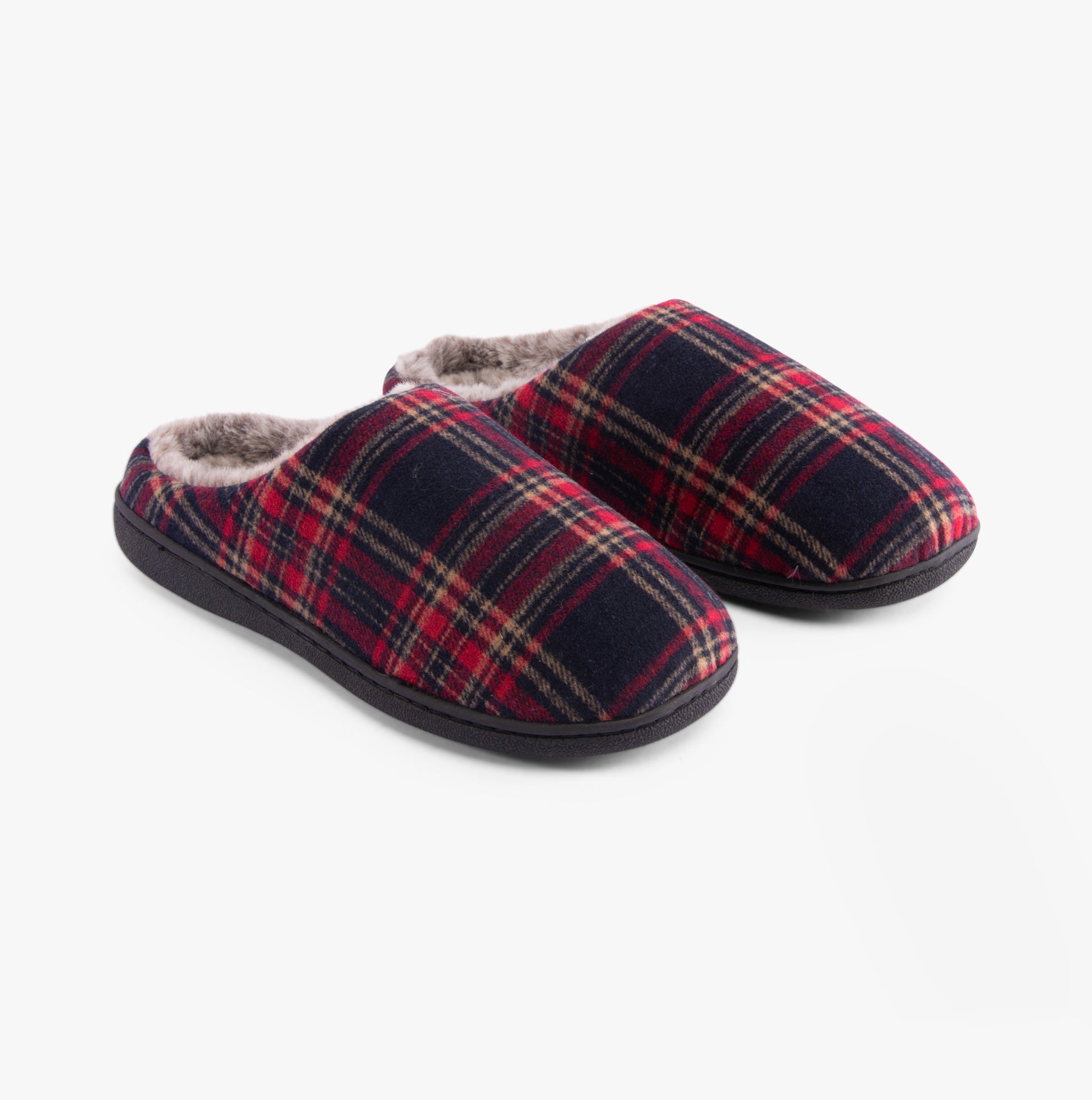 Jo & Joe FALKIRK Mens Slippers Red side view showing warm lined slip-on mules with plaid design.