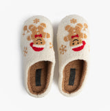 Jo & Joe GINGERBREAD Womens Mule Slippers Cream top view of cozy slippers with gingerbread design