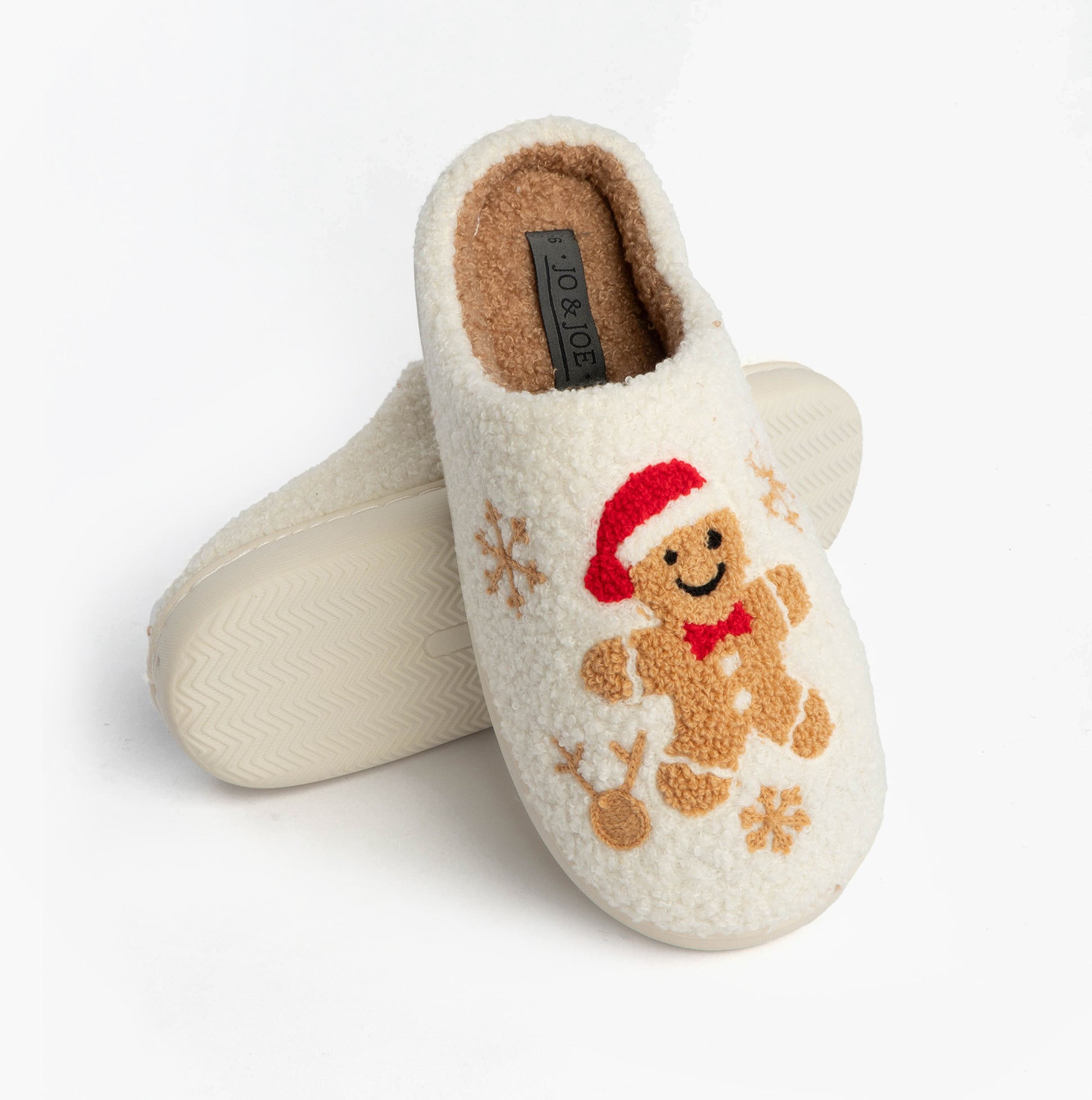 Jo & Joe GINGERBREAD Womens Mule Slippers Cream side view with gingerbread man design and festive details