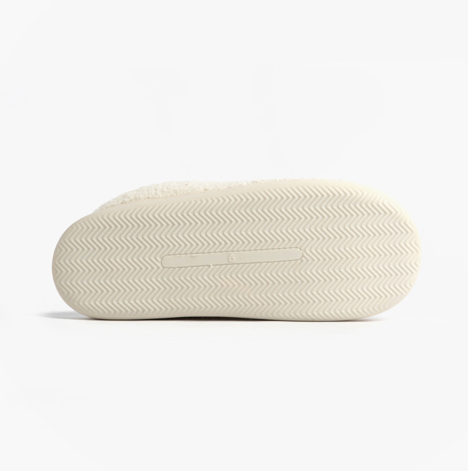 Jo & Joe GINGERBREAD Womens Mule Slippers Cream bottom view showing rubber sole and textured pattern.