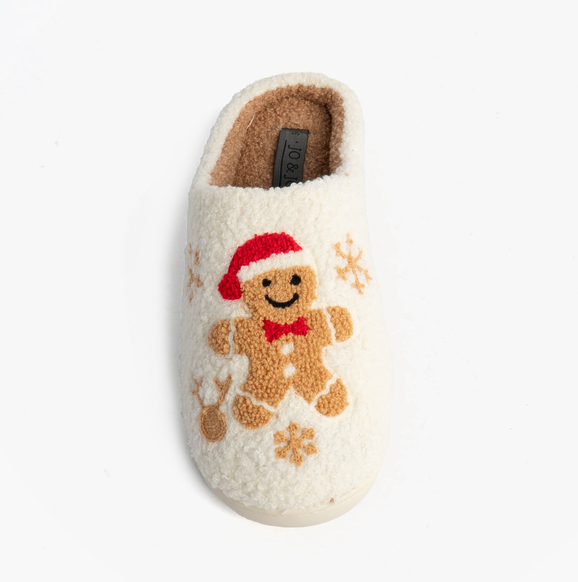 Jo & Joe GINGERBREAD Womens Mule Slippers Cream top view with gingerbread man design and festive colors.
