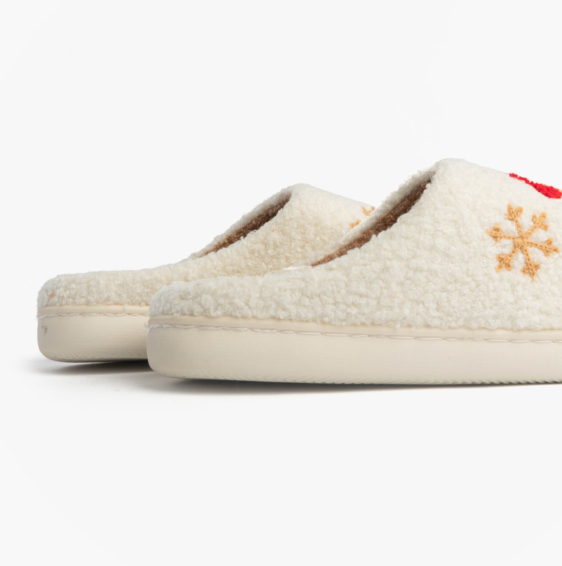 Jo & Joe GINGERBREAD Womens Mule Slippers Cream side view showing soft textile upper and round toe shape.