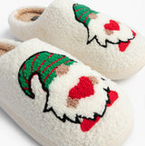 Jo & Joe GONK Womens Mule Slippers Cream side view with festive gnome design, cozy textile upper and rubber sole.