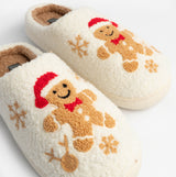 Jo & Joe GINGERBREAD Womens Mule Slippers Cream front view with gingerbread man design and snowflakes.