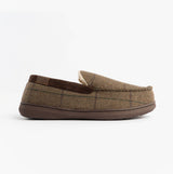 Jo & Joe GLENCOE Mens Tartan Slippers Brown side view showing textile upper and rubber sole.