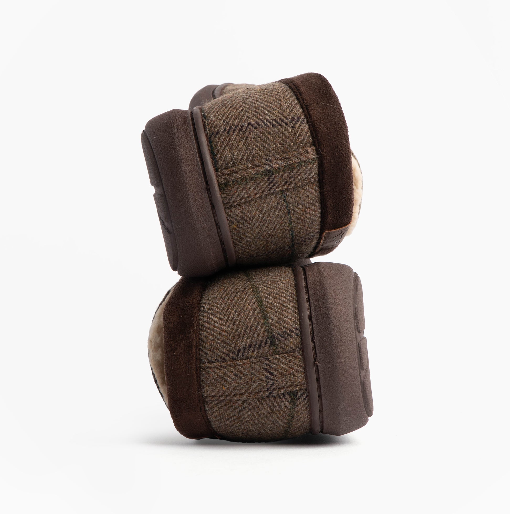 Jo & Joe GLENCOE Mens Tartan Slippers Brown side view showcasing textile upper and rubber sole.
