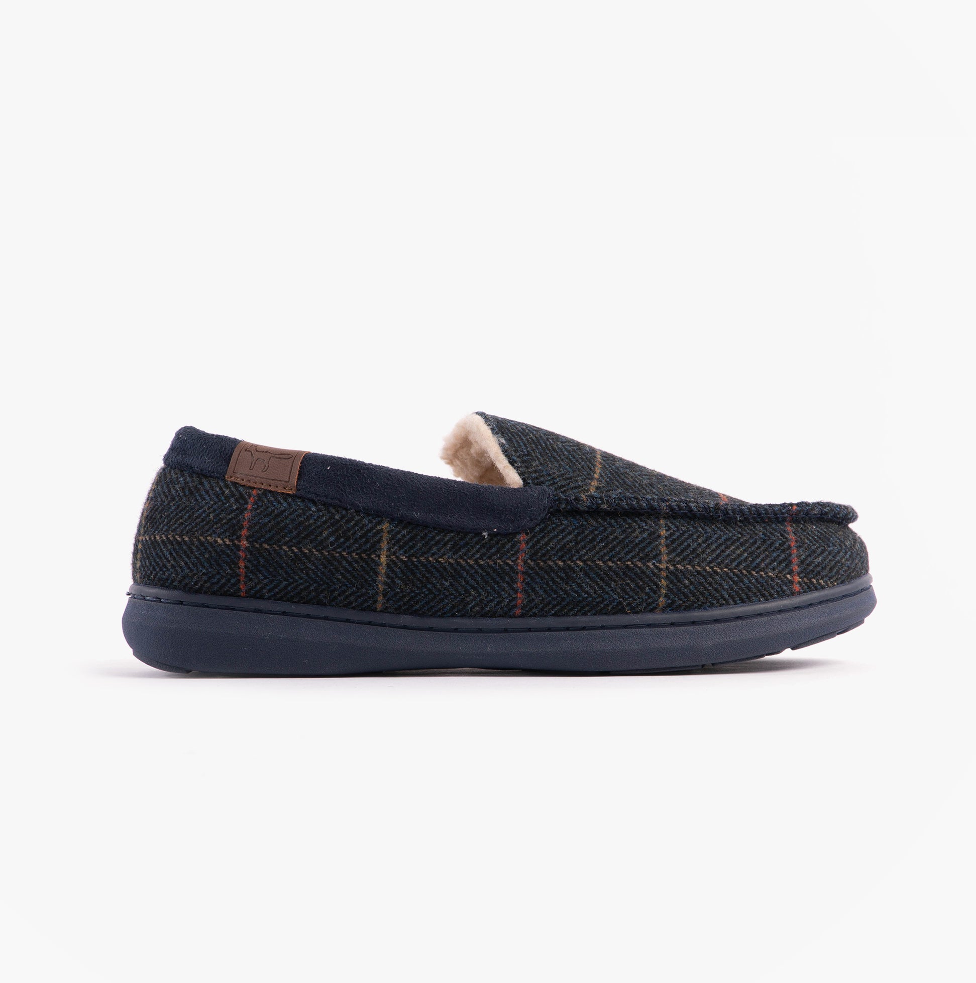 Jo & Joe GLENCOE Mens Tartan Slippers Navy side view showing textile upper and rubber sole.