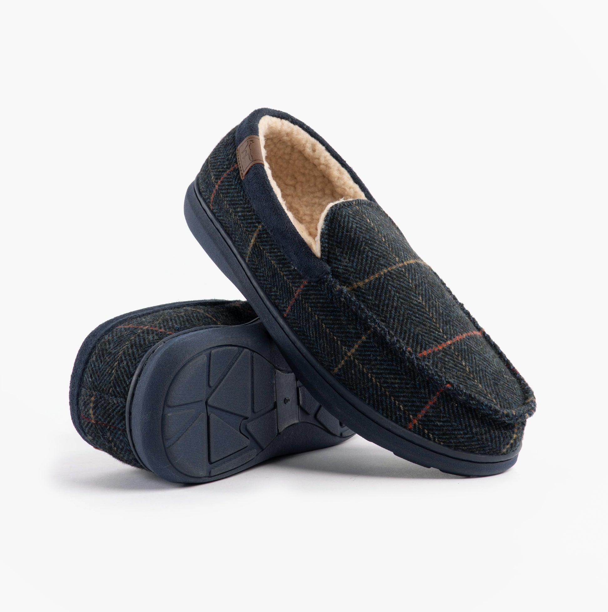 Jo & Joe GLENCOE Mens Tartan Slippers Navy side view showcasing upper textile material and rubber sole.