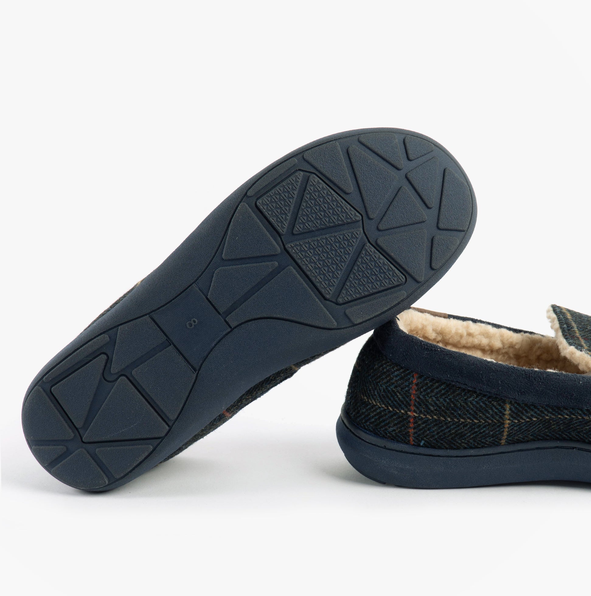 Jo & Joe GLENCOE Mens Tartan Slippers Navy bottom view showcasing rubber sole and textile upper.