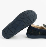 Jo & Joe GLENCOE Mens Tartan Slippers Navy bottom view showcasing rubber sole and textile upper.