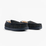 Jo & Joe GLENCOE Mens Tartan Slippers Navy side view with round toe and slip-on design, showcasing soft textile upper and rubber sole.