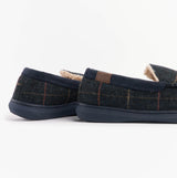 Jo & Joe GLENCOE Mens Tartan Slippers Navy, side view showcasing the textile upper and rubber sole.