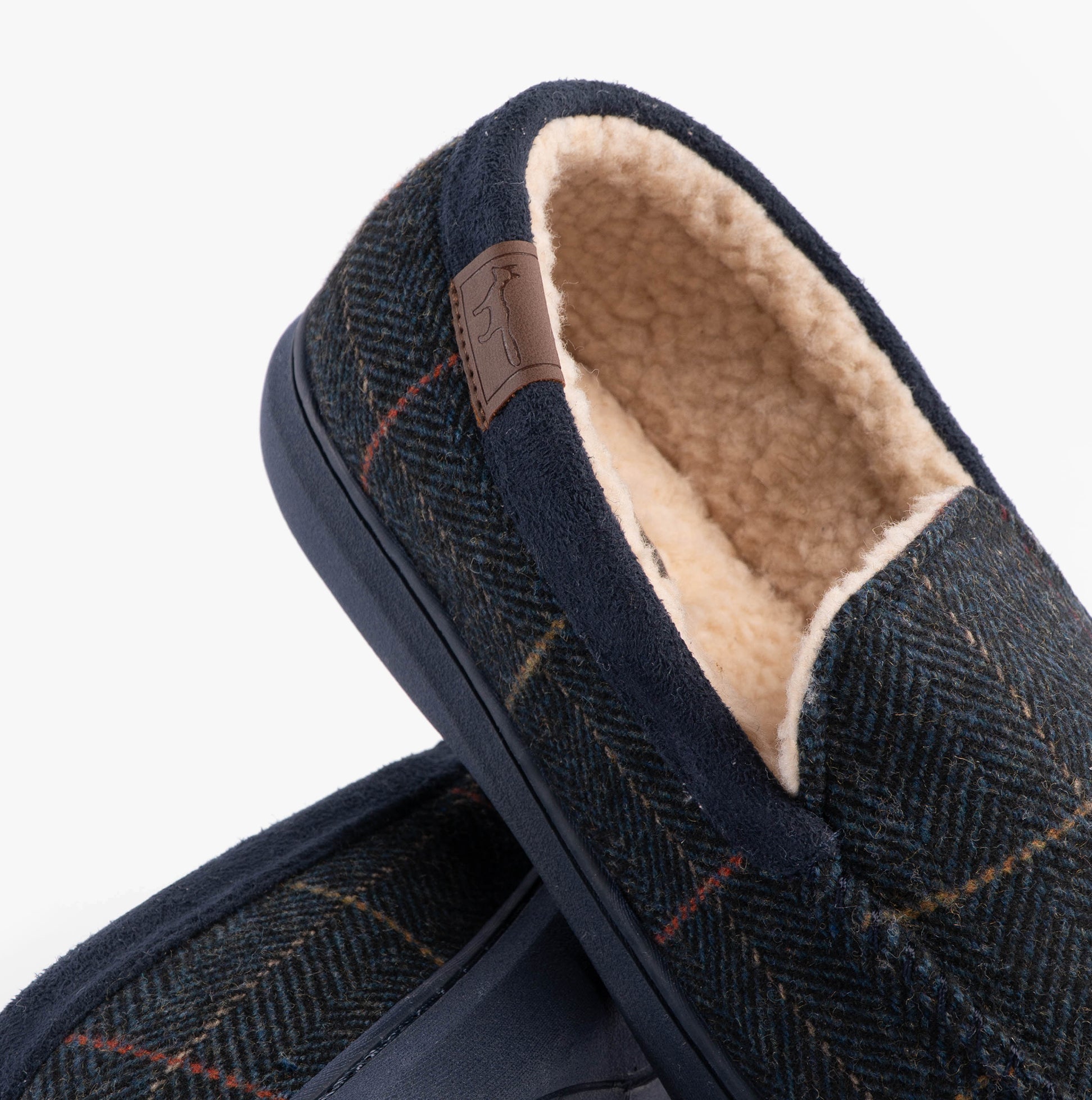 Jo & Joe GLENCOE Mens Tartan Slippers Navy side view showcasing textile upper and warm lining.