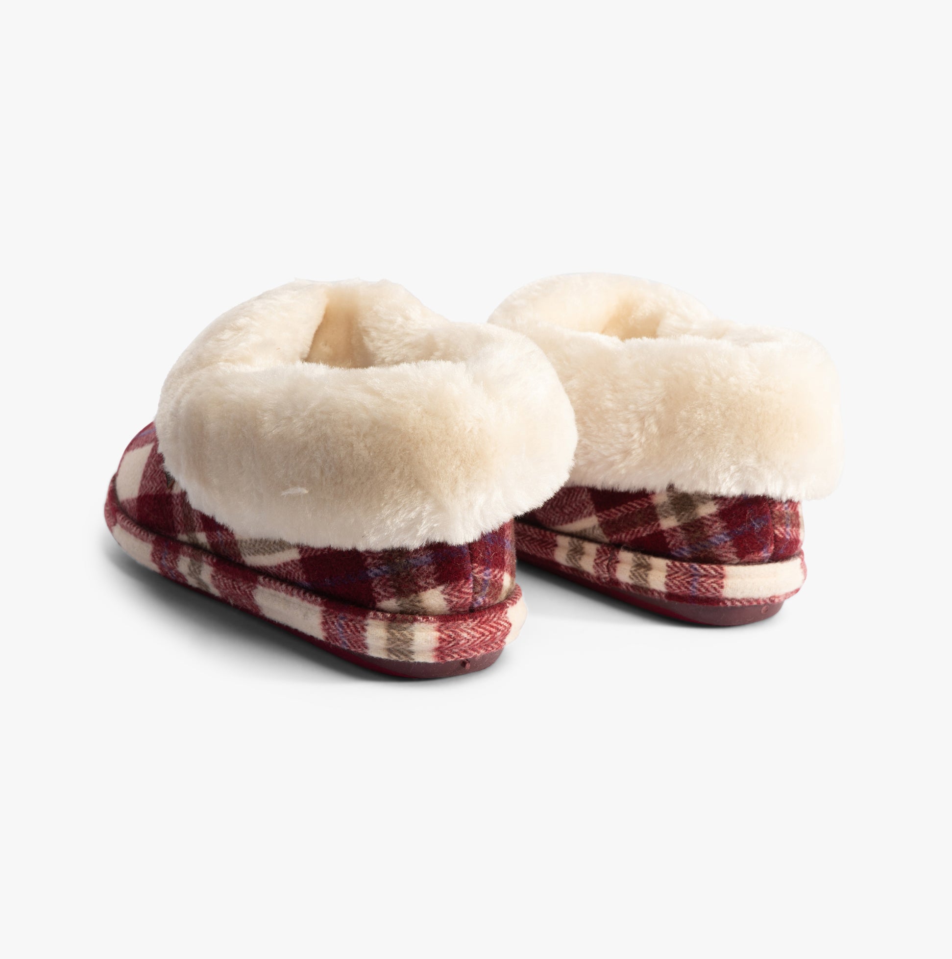 Jo & Joe GLENROYAL Womens Slippers Cherry rear view showcasing soft faux fur lining and checkered textile design.
