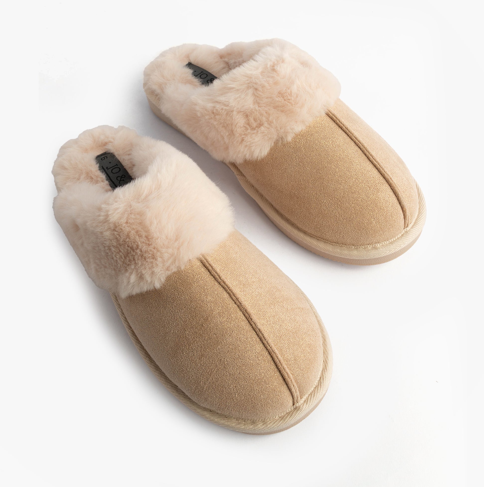 Jo & Joe GLIMMER Womens Mule Slippers Beige - top view showcasing soft beige textile upper and warm lining.