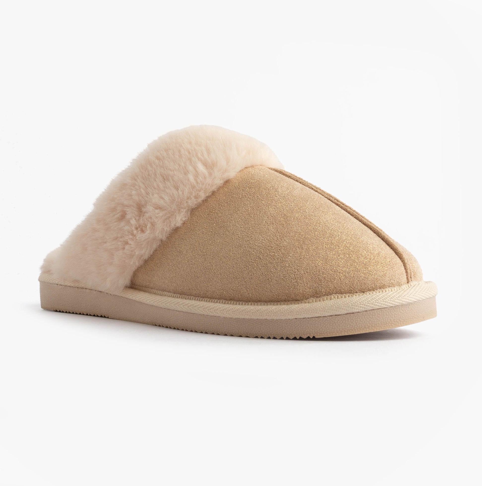 Jo & Joe GLIMMER Womens Mule Slippers Beige side view with soft beige textile upper and warm lining.