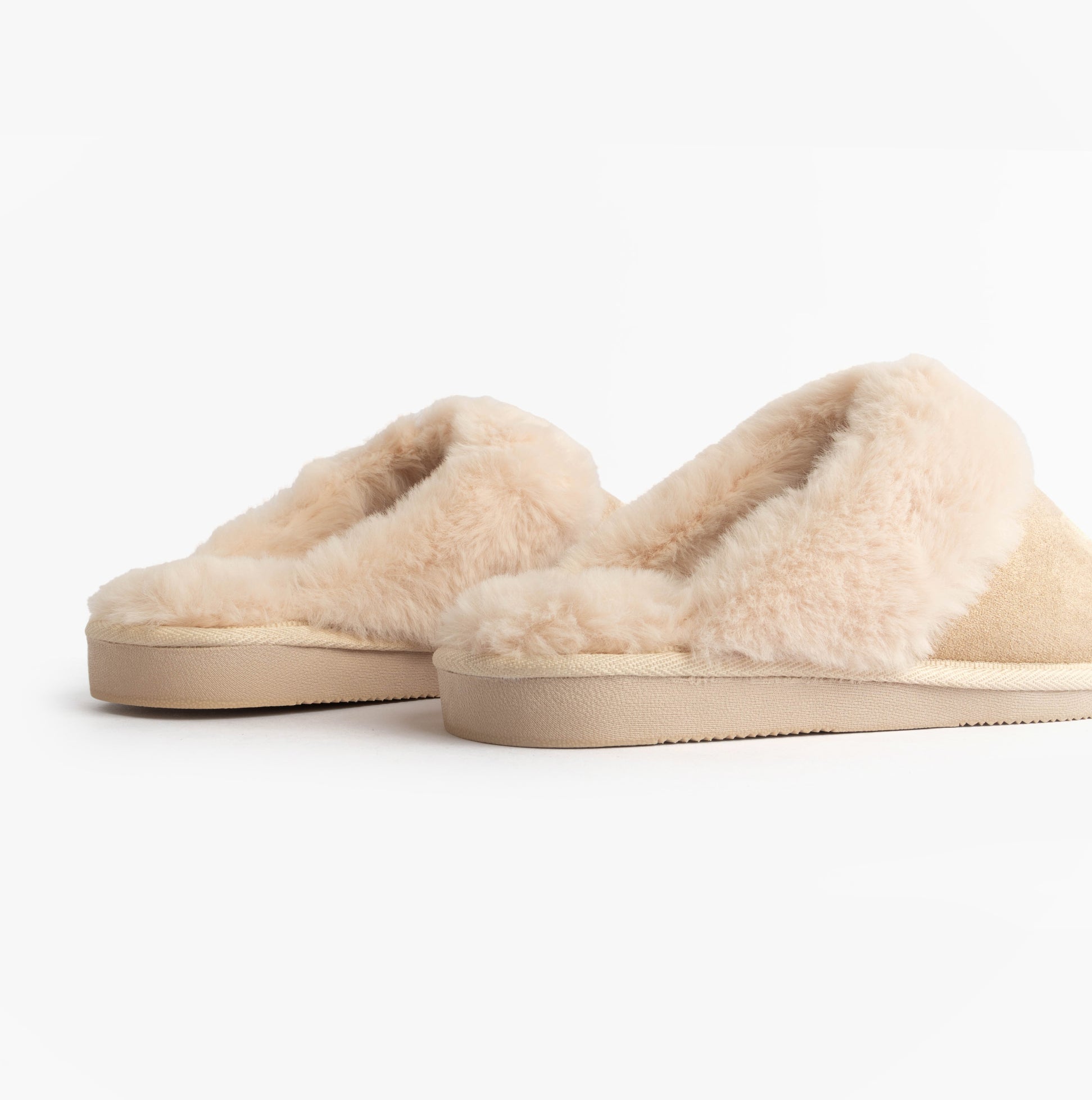 Jo & Joe GLIMMER Womens Mule Slippers Beige side view showing plush lining and soft textile upper.