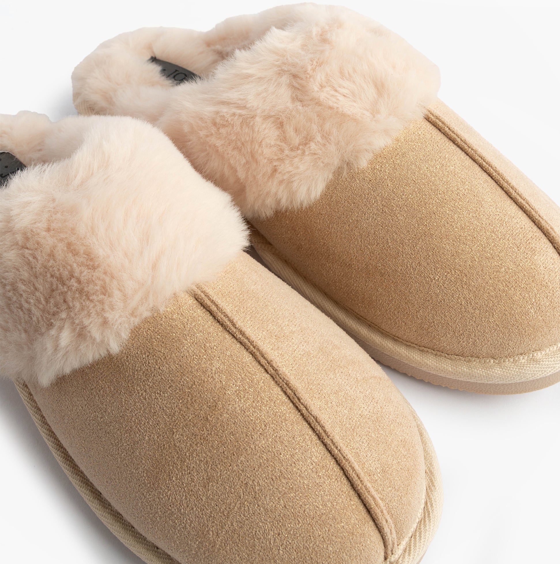 Jo & Joe GLIMMER Womens Mule Slippers Beige top view showcasing the soft faux fur lining and suede upper.