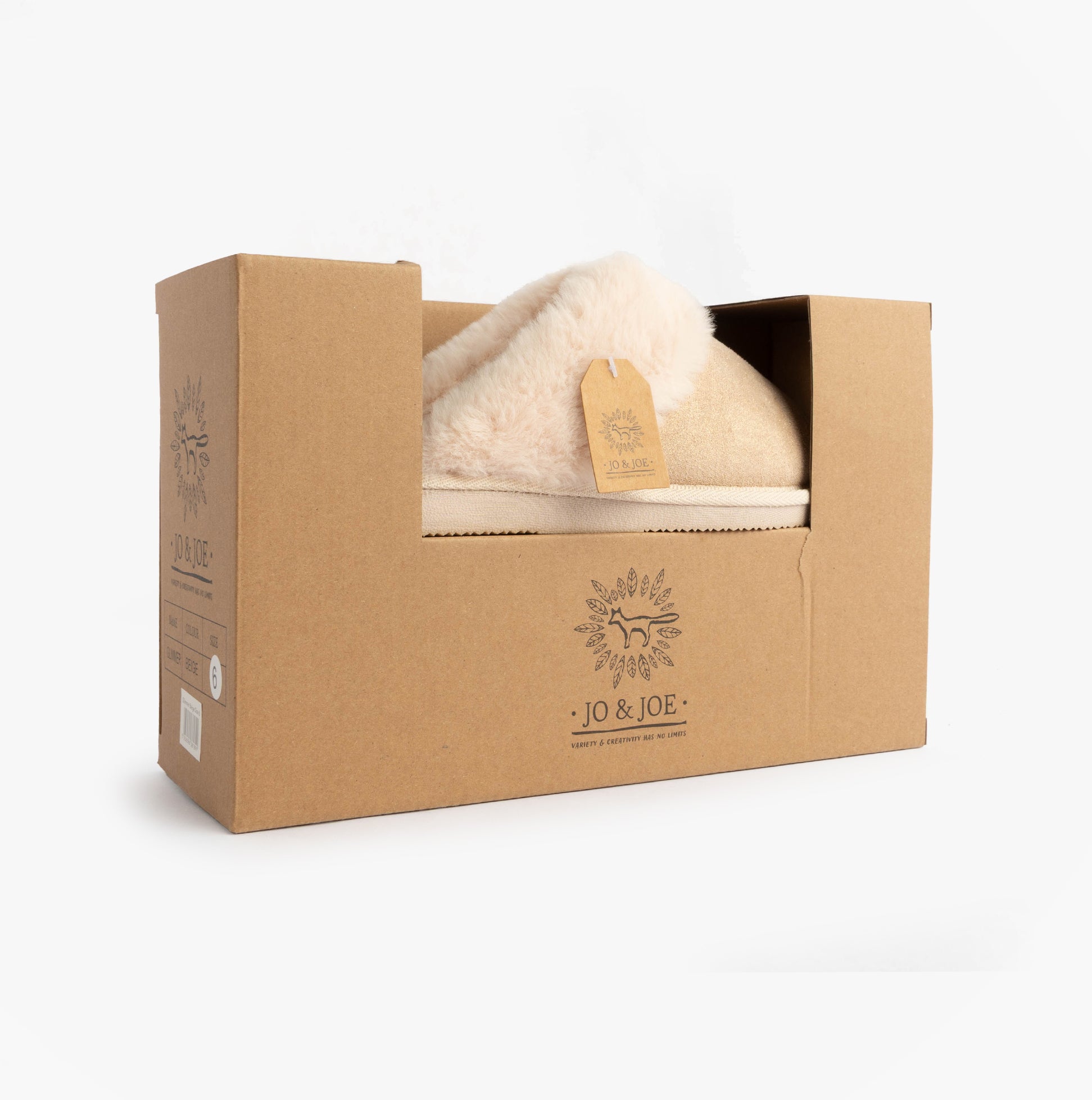 Jo & Joe GLIMMER Womens Mule Slippers Beige in gift box side view showcasing cozy design.