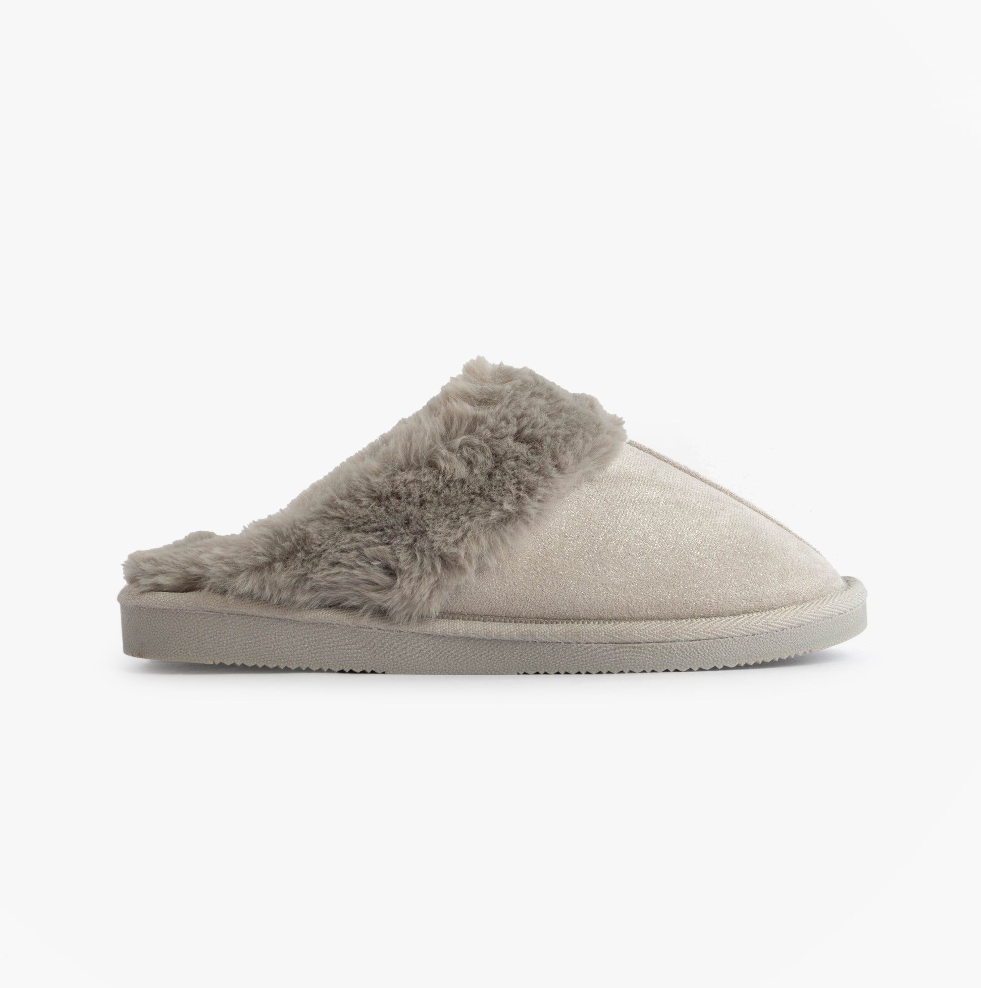 Jo & Joe GLIMMER Womens Mule Slippers Grey side view with plush lining and soft textile upper.