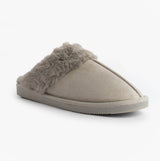 Jo & Joe GLIMMER Womens Mule Slippers Grey side view with soft fur lining and slip-on design.