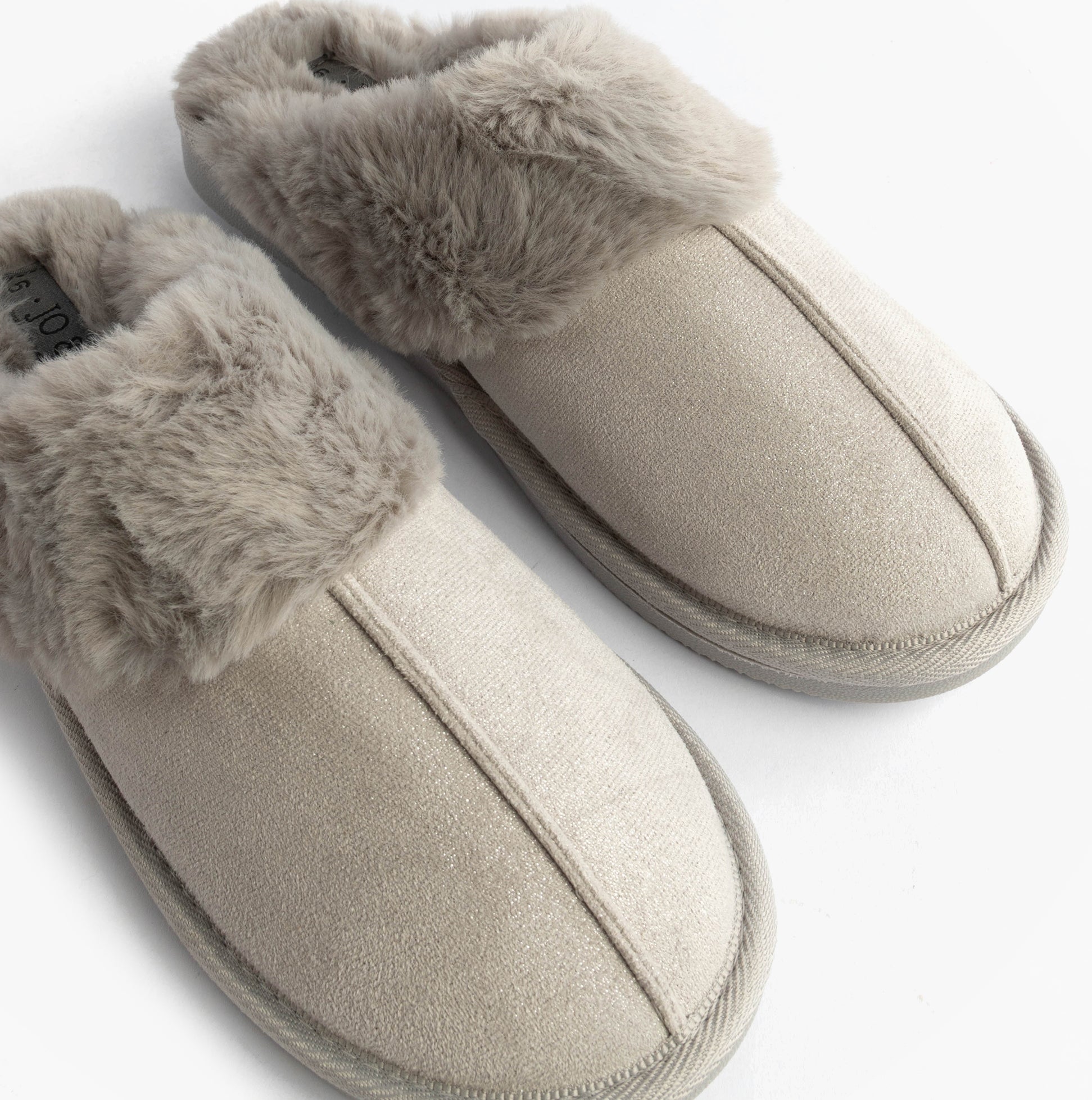 Jo & Joe GLIMMER Womens Mule Slippers Grey top view showcasing soft textile upper and faux fur lining.