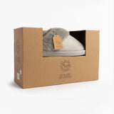 Jo & Joe GLIMMER Womens Mule Slippers Grey in gift box, showing the slipper's soft material and gray color.