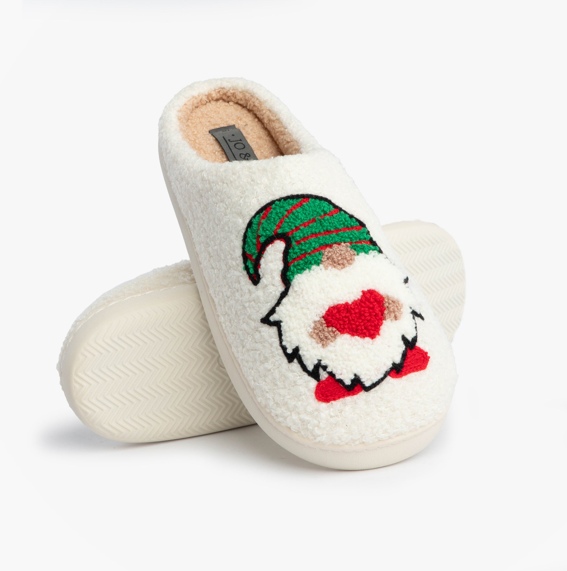 Jo & Joe GONK Womens Mule Slippers Cream side view with gnome design and soft lining.