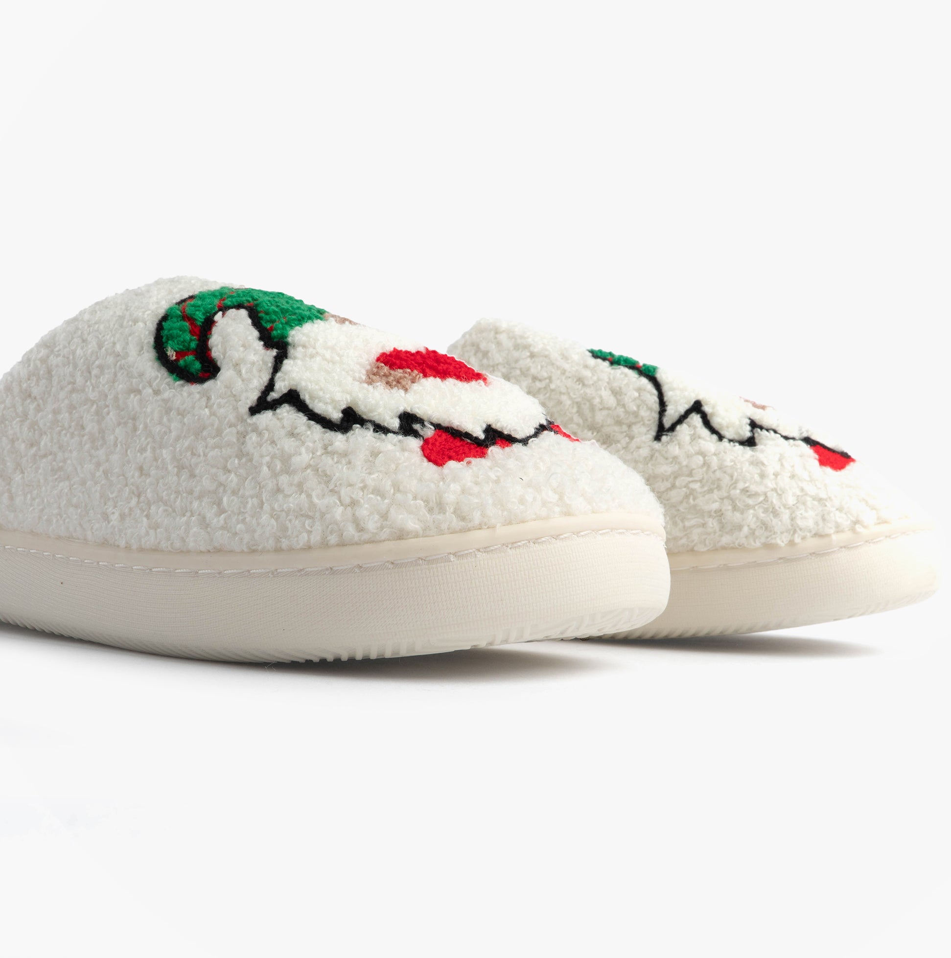 Jo & Joe GONK Womens Mule Slippers Cream side view with festive design and soft texture