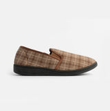 Jo & Joe GORDON Mens Full Slippers Checkered Brown side view showing fabric upper and comfortable sole.