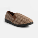 Jo & Joe GORDON Mens Full Slippers Checkered Brown side view showing fabric upper and TPR sole.