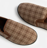 Jo & Joe GORDON Mens Full Slippers Checkered Brown top view showing fabric and slip-on design.