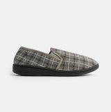 Jo & Joe GORDON Mens Full Slippers Checkered Grey side view showcasing the fabric upper and round toe design.