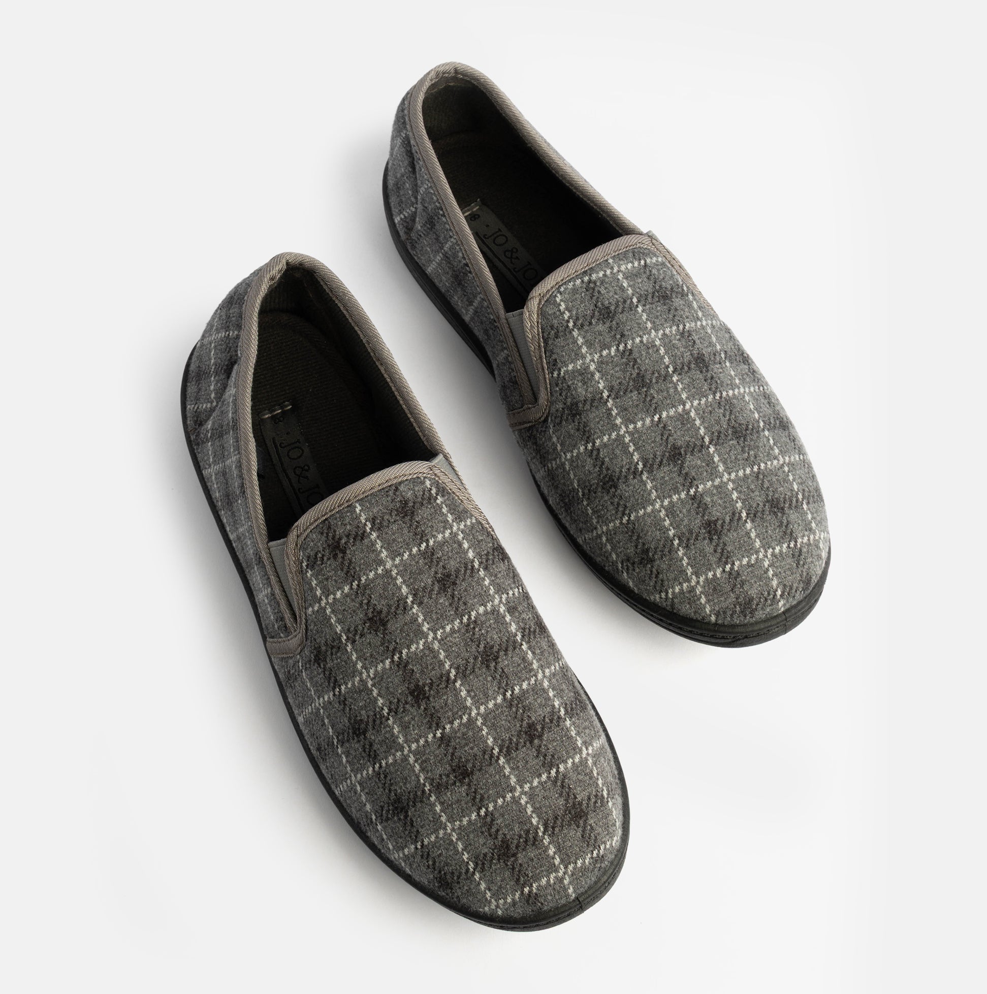 Jo & Joe GORDON Mens Full Slippers Checkered Grey top view showing fabric upper and round toe pull-on design.