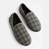 Jo & Joe GORDON Mens Full Slippers Checkered Grey top view showing fabric upper and round toe pull-on design.
