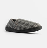 Jo & Joe GORDON Mens Full Slippers Checkered Grey side view of slipper with fabric upper and round toe shape.