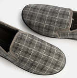 Jo & Joe GORDON Mens Full Slippers Checkered Grey top view showing fabric upper and slip-on design.