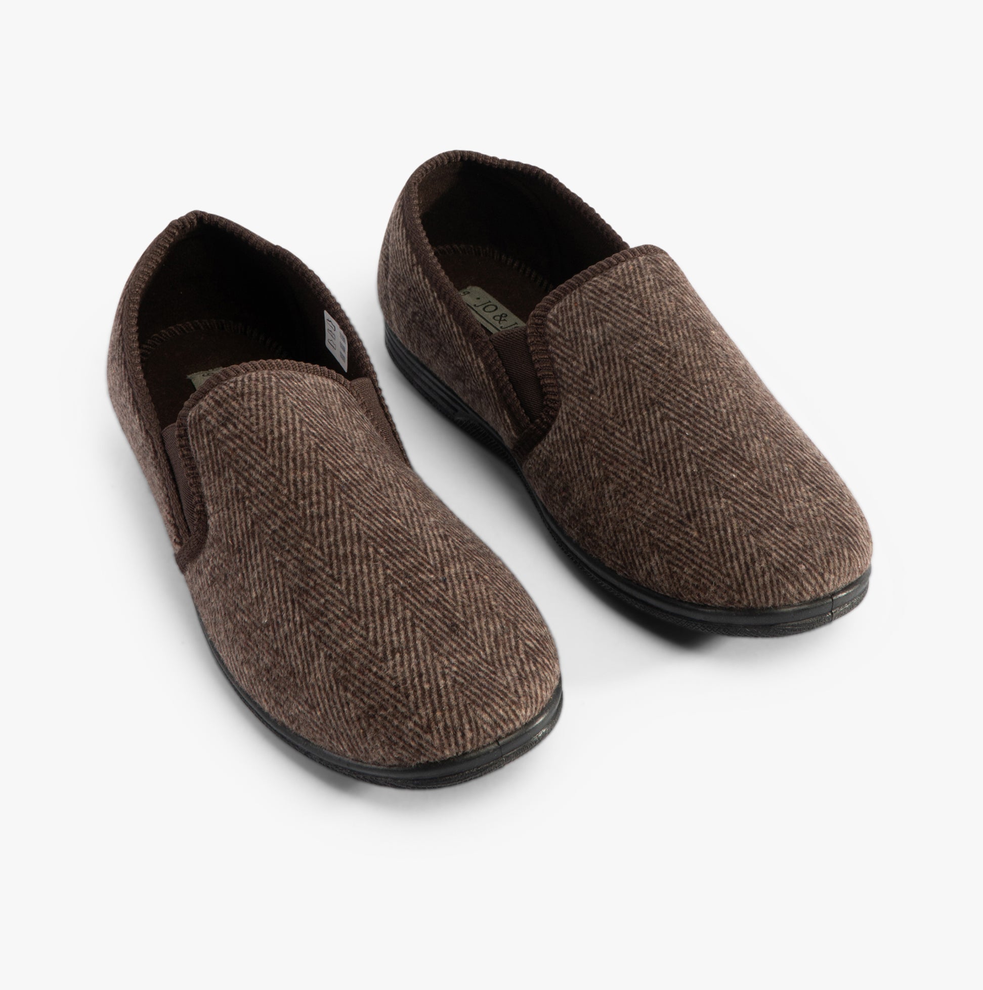 Jo & Joe HAIG Mens Slippers Brown, side view of brown textile slippers with slip-on design and round toe.